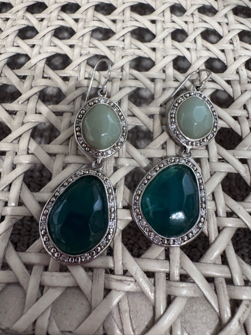 Miriam Salat Silver Drop Earrings with Teal and Mint Stones